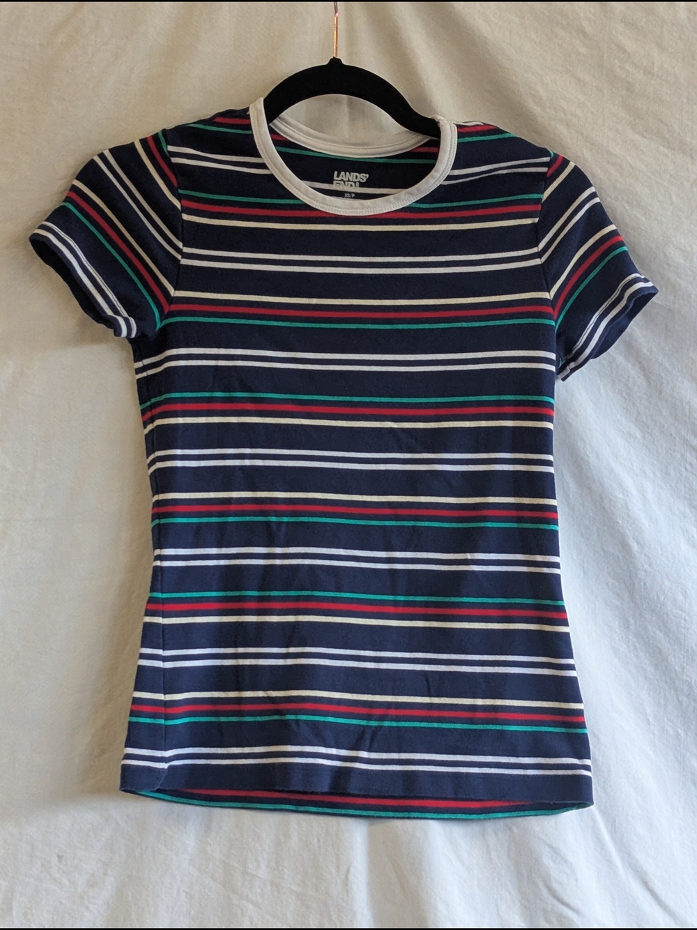 🌈Lands' End Navy Striped Crew Tee with Red, Teal & White